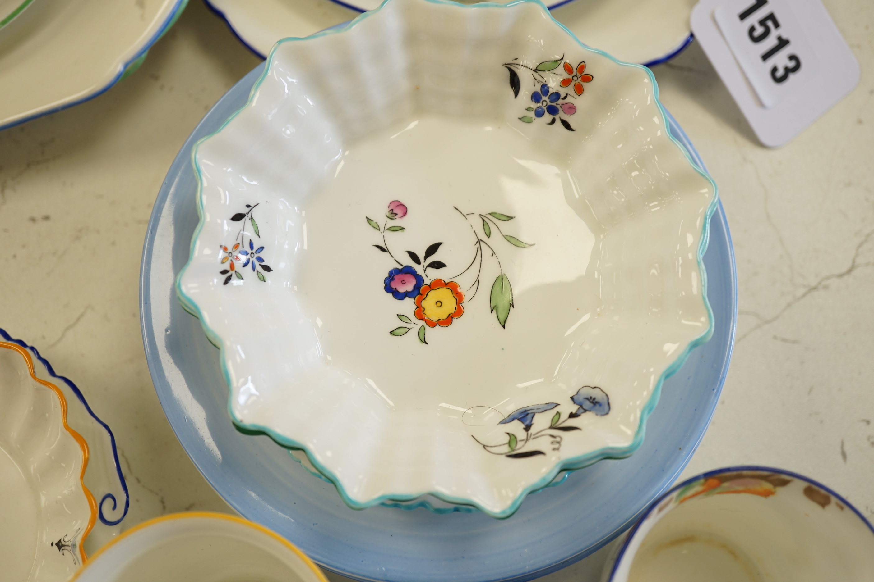 Four Shelley Art Deco trios, and various dishes etc, tallest 12cms high